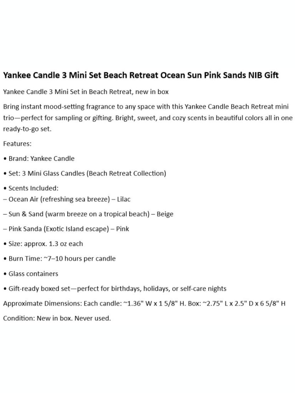 Yankee Candle 3 pc Mini Set Beach Retreat Ocean Sun Pink Sands NIB Gift - Picture 2 of 4